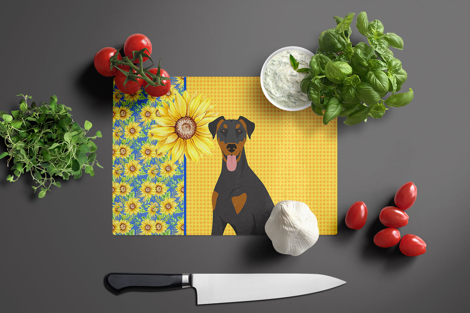 Summer Sunflowers Natural Ear Black and Tan Doberman Pinscher Cutting Board Tempered Glass Kitchen Cutting Surface, Heat Resistant Chopping, Non-Slip Feet, Food Prep & Serving