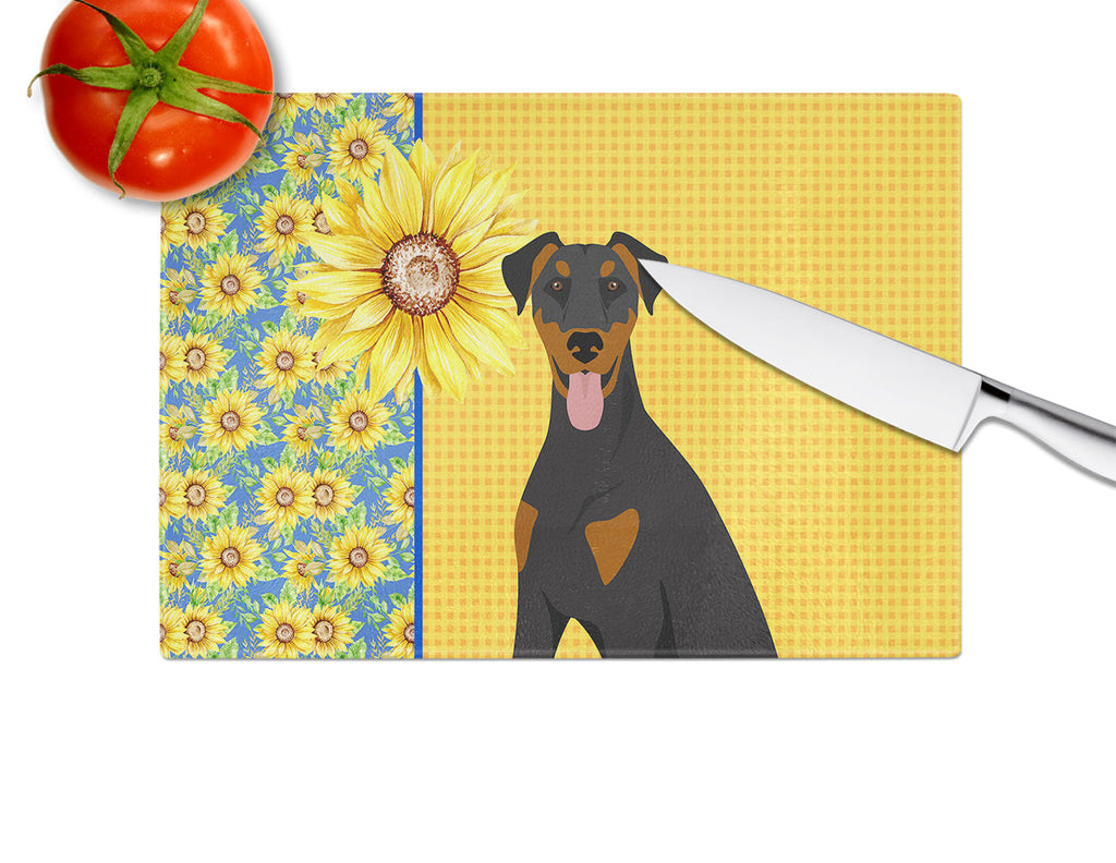 Summer Sunflowers Natural Ear Black and Tan Doberman Pinscher Cutting Board Tempered Glass Kitchen Cutting Surface, Heat Resistant Chopping, Non-Slip Feet, Food Prep & Serving