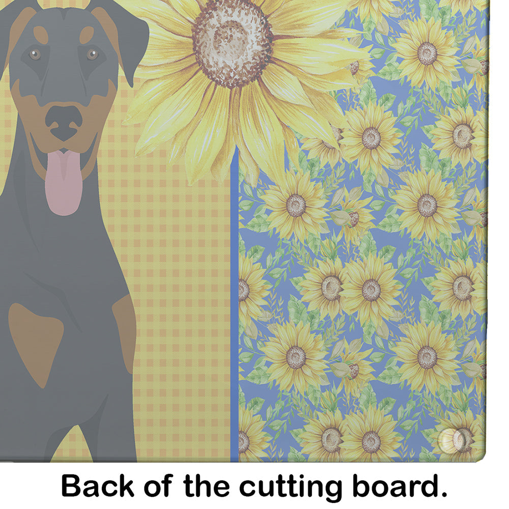 Summer Sunflowers Natural Ear Black and Tan Doberman Pinscher Cutting Board Tempered Glass Kitchen Cutting Surface, Heat Resistant Chopping, Non-Slip Feet, Food Prep & Serving