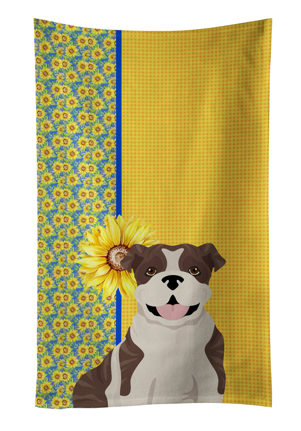 Summer Sunflowers Brindle English Bulldog Kitchen Towel Velour Plush Front and Cotton Loop Back Machine Washable