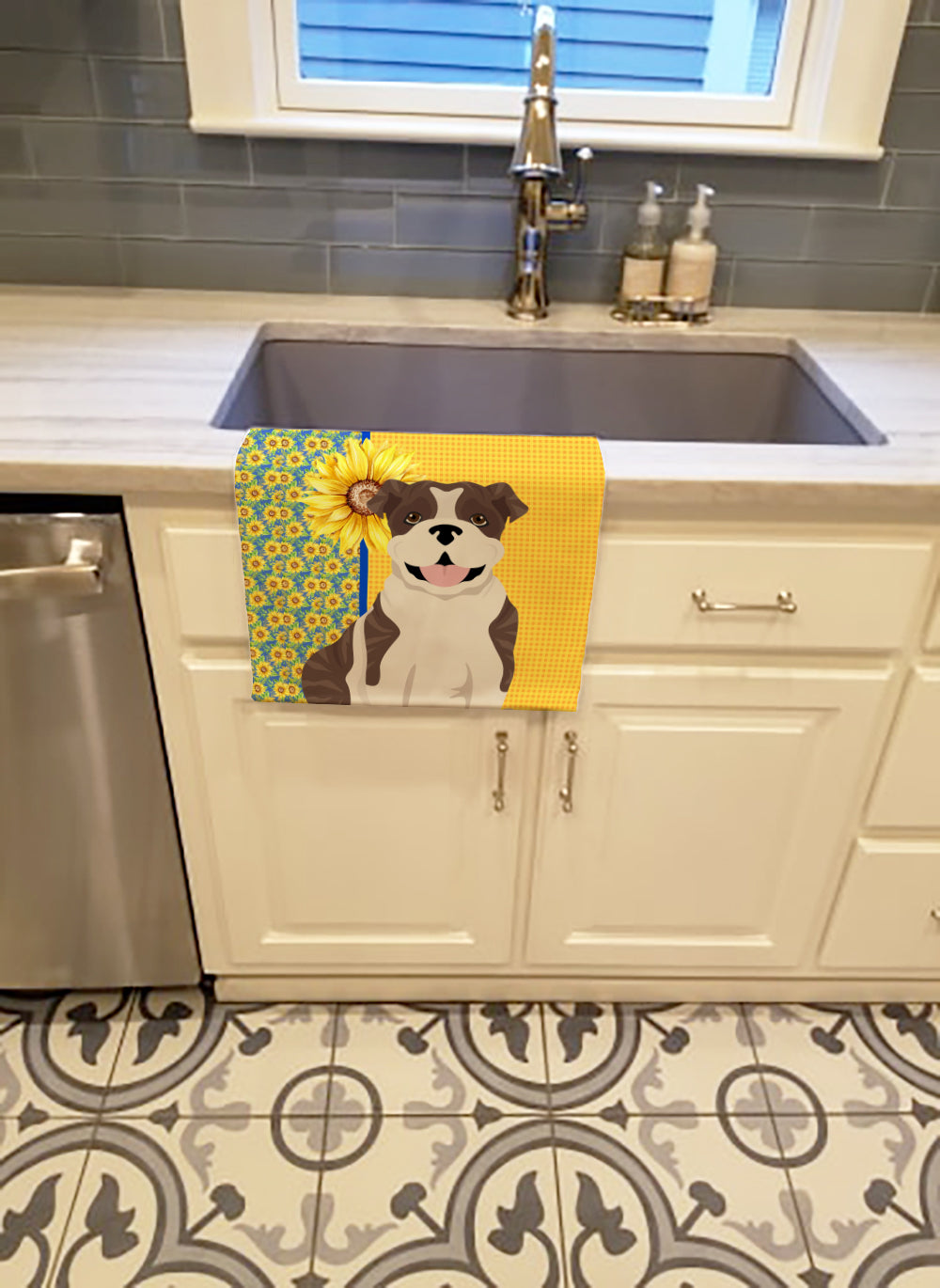 Summer Sunflowers Brindle English Bulldog Kitchen Towel Velour Plush Front and Cotton Loop Back Machine Washable
