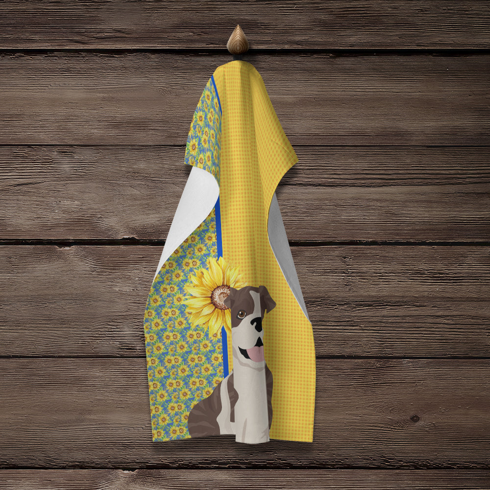 Summer Sunflowers Brindle English Bulldog Kitchen Towel Velour Plush Front and Cotton Loop Back Machine Washable