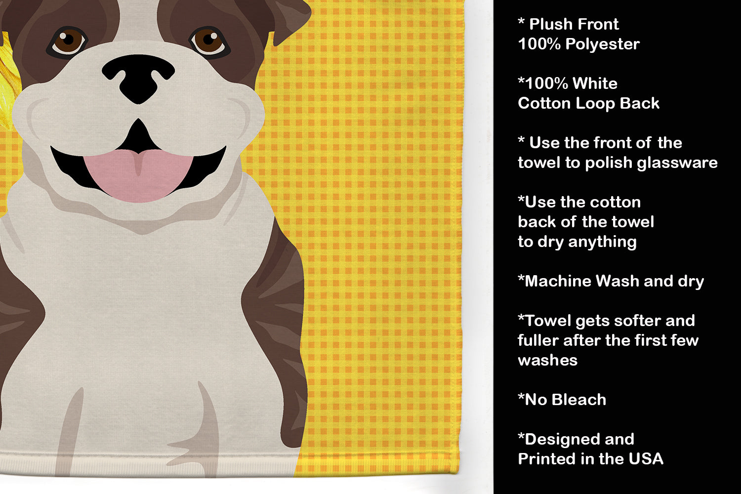 Summer Sunflowers Brindle English Bulldog Kitchen Towel Velour Plush Front and Cotton Loop Back Machine Washable