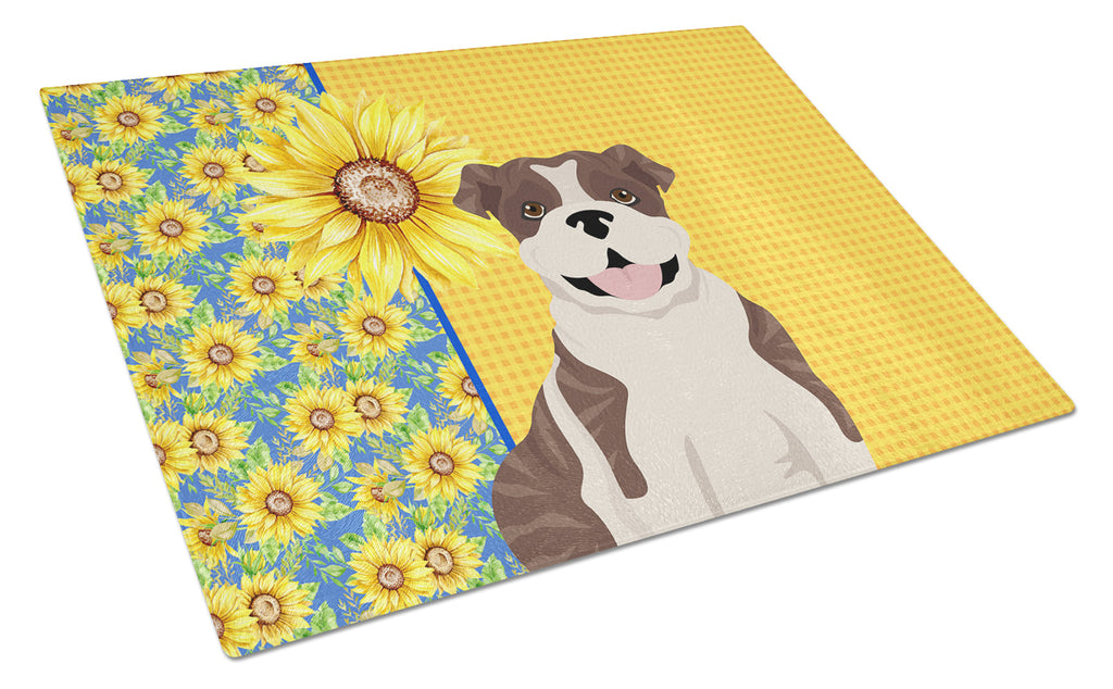 Summer Sunflowers Brindle English Bulldog Cutting Board Tempered Glass Kitchen Cutting Surface, Heat Resistant Chopping, Non-Slip Feet, Food Prep & Serving
