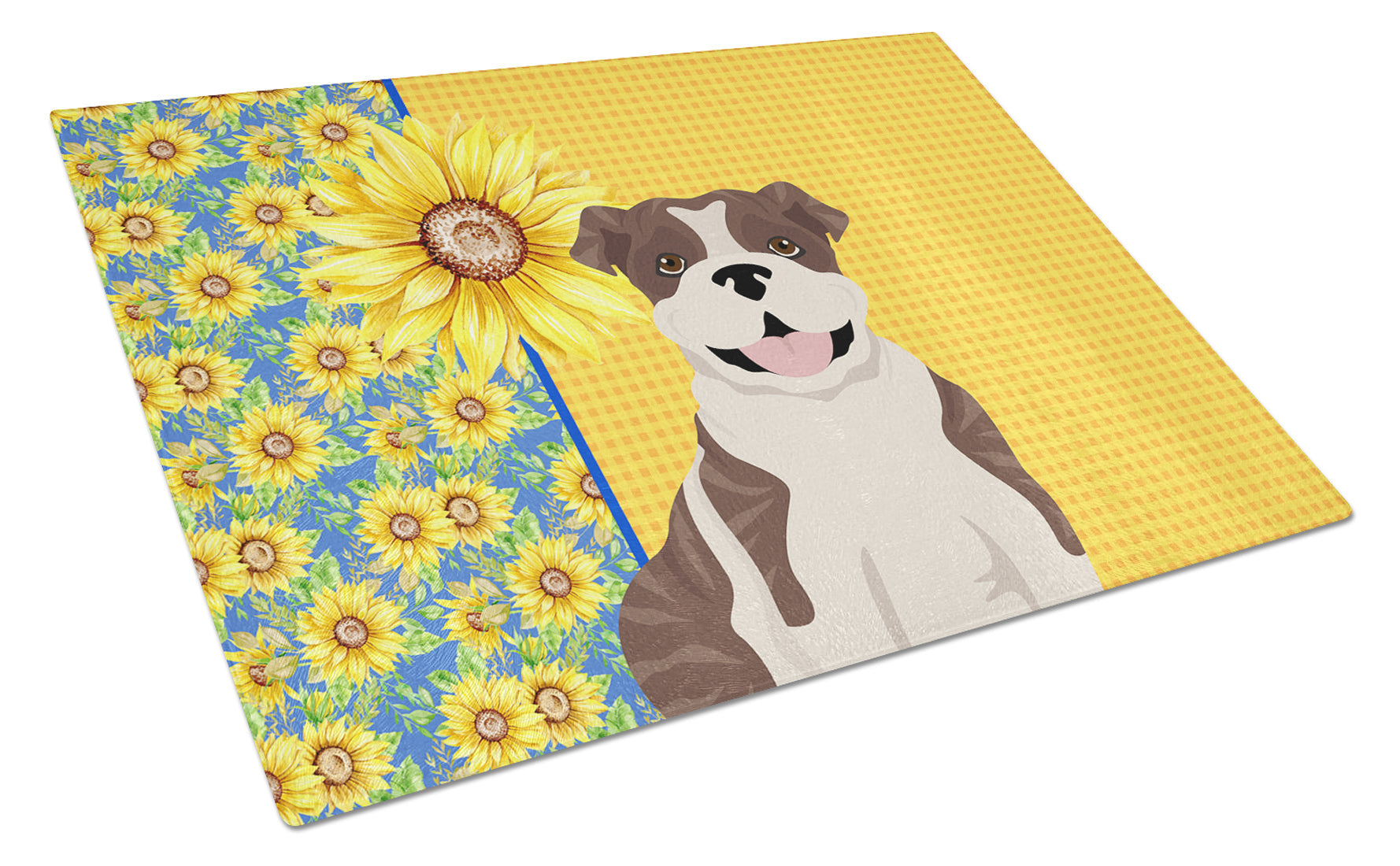 Summer Sunflowers Brindle English Bulldog Cutting Board Tempered Glass Kitchen Cutting Surface, Heat Resistant Chopping, Non-Slip Feet, Food Prep & Serving