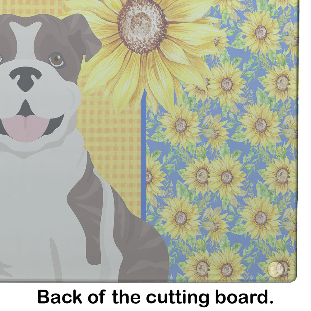 Summer Sunflowers Brindle English Bulldog Cutting Board Tempered Glass Kitchen Cutting Surface, Heat Resistant Chopping, Non-Slip Feet, Food Prep & Serving