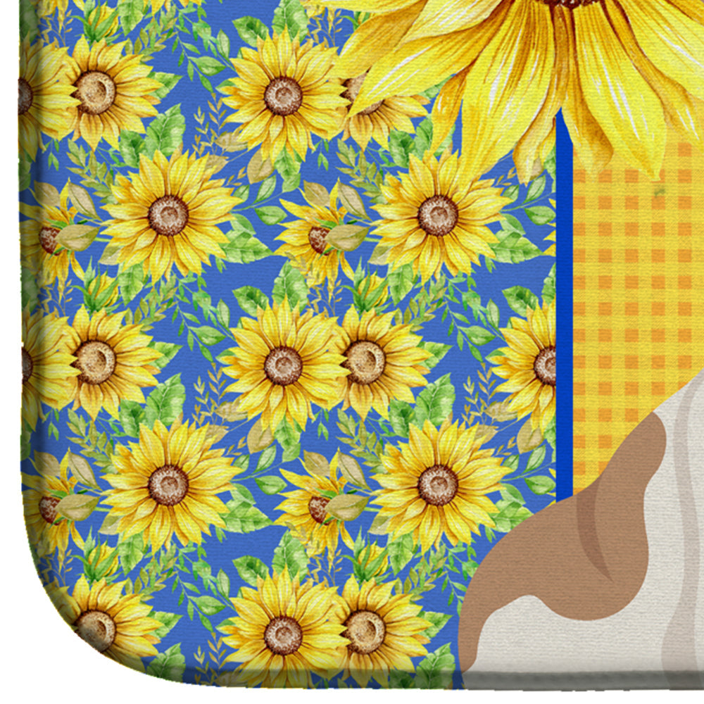 Summer Sunflowers Piebald English Bulldog Dish Drying Mat Absorbent Dish Drying Mat Pad for Kitchen Counter Dish Drainer Mat for Countertop, 14 x 21", Multicolor