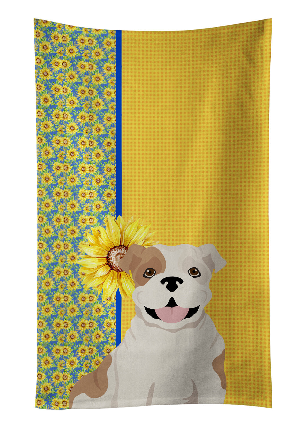 Summer Sunflowers Piebald English Bulldog Kitchen Towel Velour Plush Front and Cotton Loop Back Machine Washable