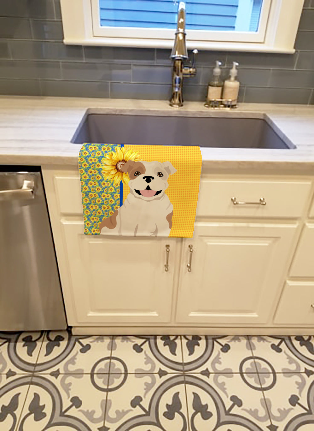 Summer Sunflowers Piebald English Bulldog Kitchen Towel Velour Plush Front and Cotton Loop Back Machine Washable