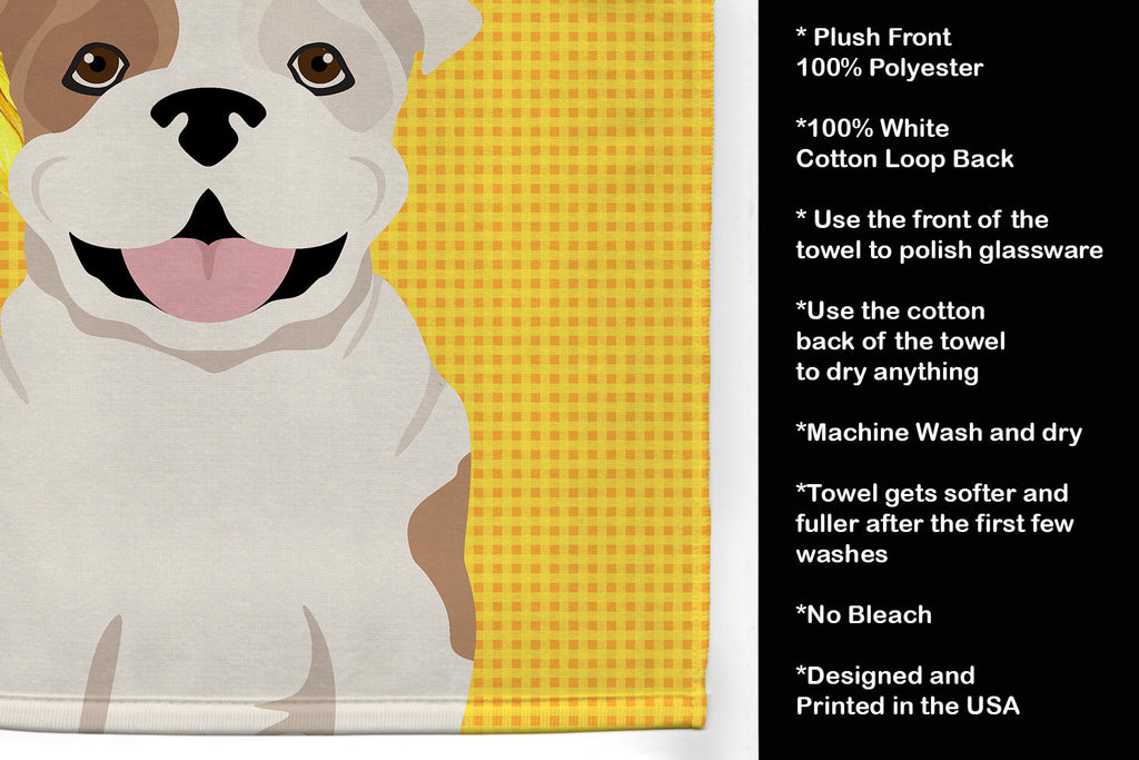 Summer Sunflowers Piebald English Bulldog Kitchen Towel Velour Plush Front and Cotton Loop Back Machine Washable