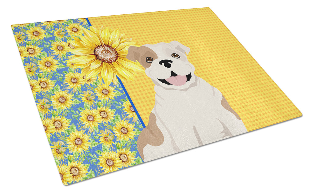 Summer Sunflowers Piebald English Bulldog Cutting Board Tempered Glass Kitchen Cutting Surface, Heat Resistant Chopping, Non-Slip Feet, Food Prep & Serving