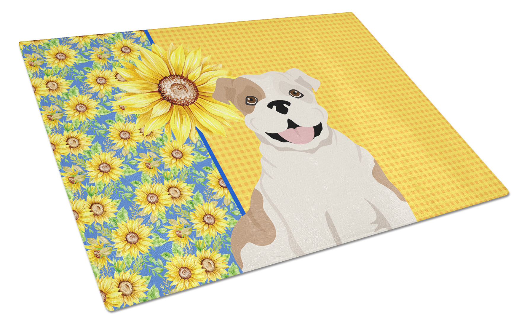 Summer Sunflowers Piebald English Bulldog Cutting Board Tempered Glass Kitchen Cutting Surface, Heat Resistant Chopping, Non-Slip Feet, Food Prep & Serving