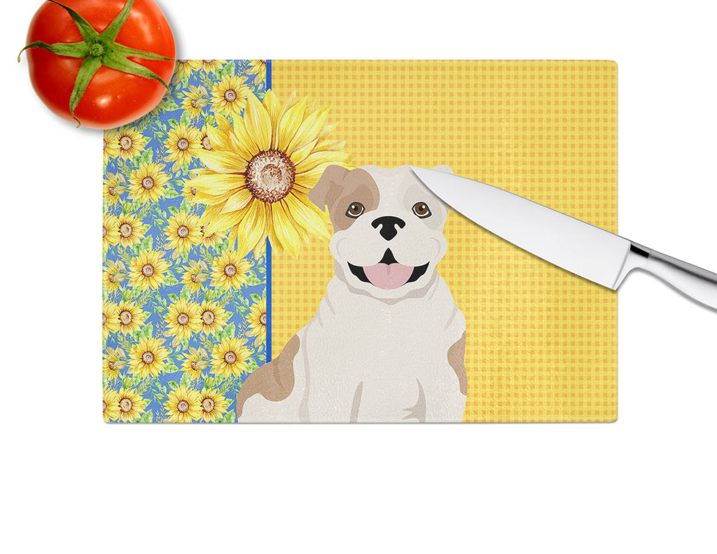 Summer Sunflowers Piebald English Bulldog Cutting Board Tempered Glass Kitchen Cutting Surface, Heat Resistant Chopping, Non-Slip Feet, Food Prep & Serving