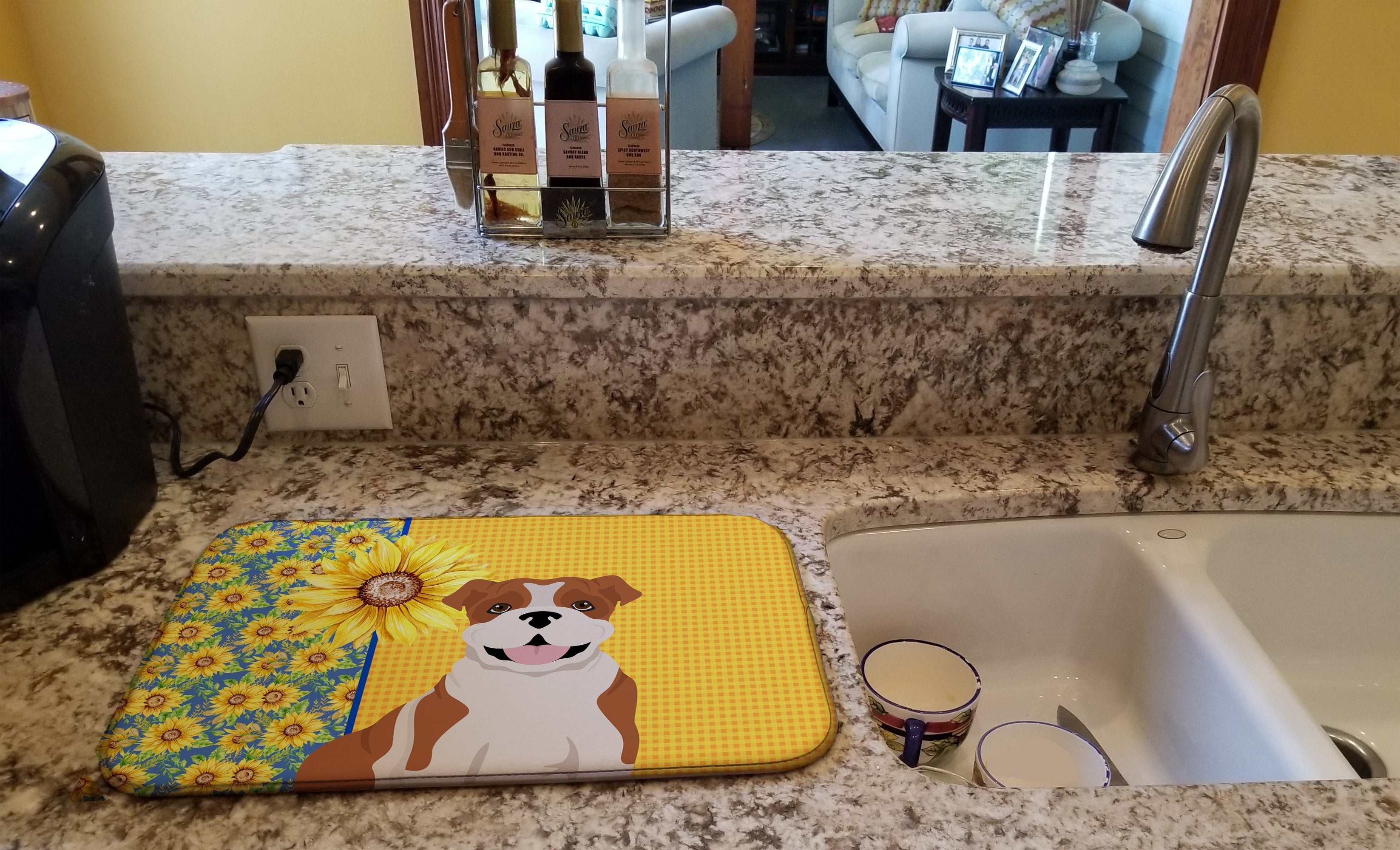 Summer Sunflowers Red English Bulldog Dish Drying Mat Absorbent Dish Drying Mat Pad for Kitchen Counter Dish Drainer Mat for Countertop, 14 x 21", Multicolor