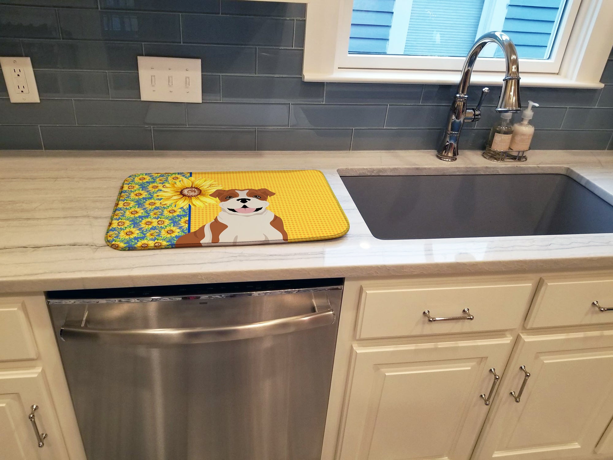 Summer Sunflowers Red English Bulldog Dish Drying Mat Absorbent Dish Drying Mat Pad for Kitchen Counter Dish Drainer Mat for Countertop, 14 x 21", Multicolor