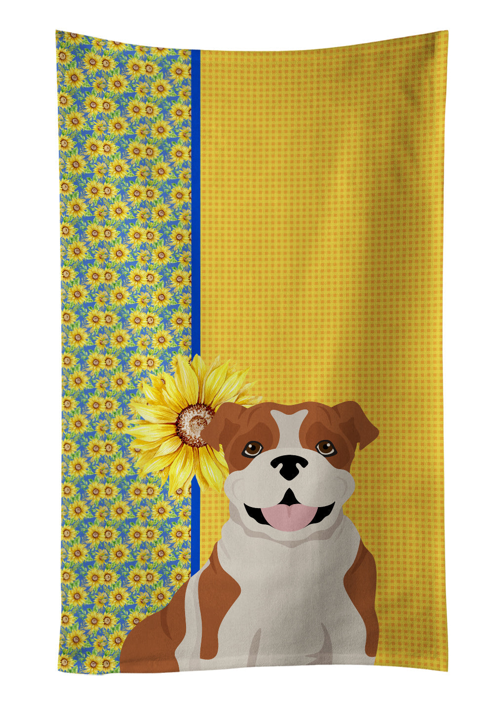 Summer Sunflowers Red English Bulldog Kitchen Towel Velour Plush Front and Cotton Loop Back Machine Washable