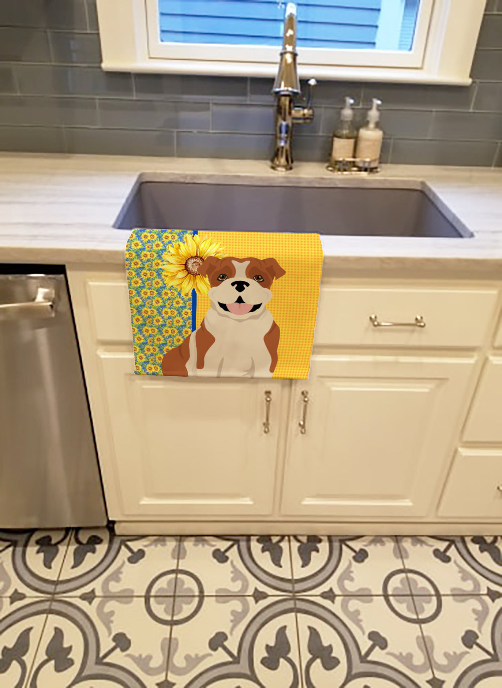 Summer Sunflowers Red English Bulldog Kitchen Towel Velour Plush Front and Cotton Loop Back Machine Washable