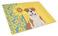 Summer Sunflowers Red English Bulldog Cutting Board Tempered Glass Kitchen Cutting Surface, Heat Resistant Chopping, Non-Slip Feet, Food Prep & Serving