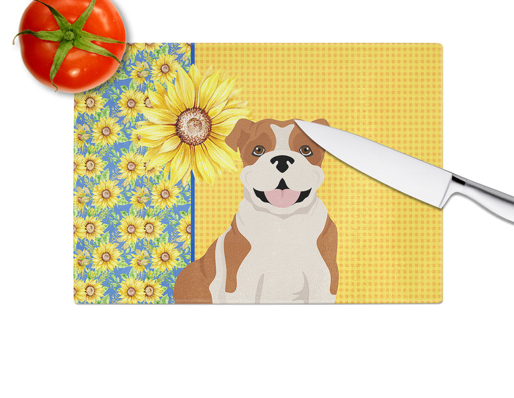 Summer Sunflowers Red English Bulldog Cutting Board Tempered Glass Kitchen Cutting Surface, Heat Resistant Chopping, Non-Slip Feet, Food Prep & Serving