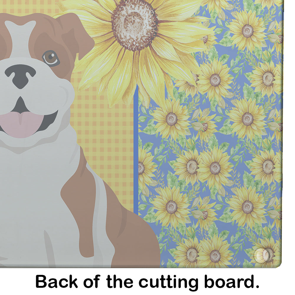 Summer Sunflowers Red English Bulldog Cutting Board Tempered Glass Kitchen Cutting Surface, Heat Resistant Chopping, Non-Slip Feet, Food Prep & Serving