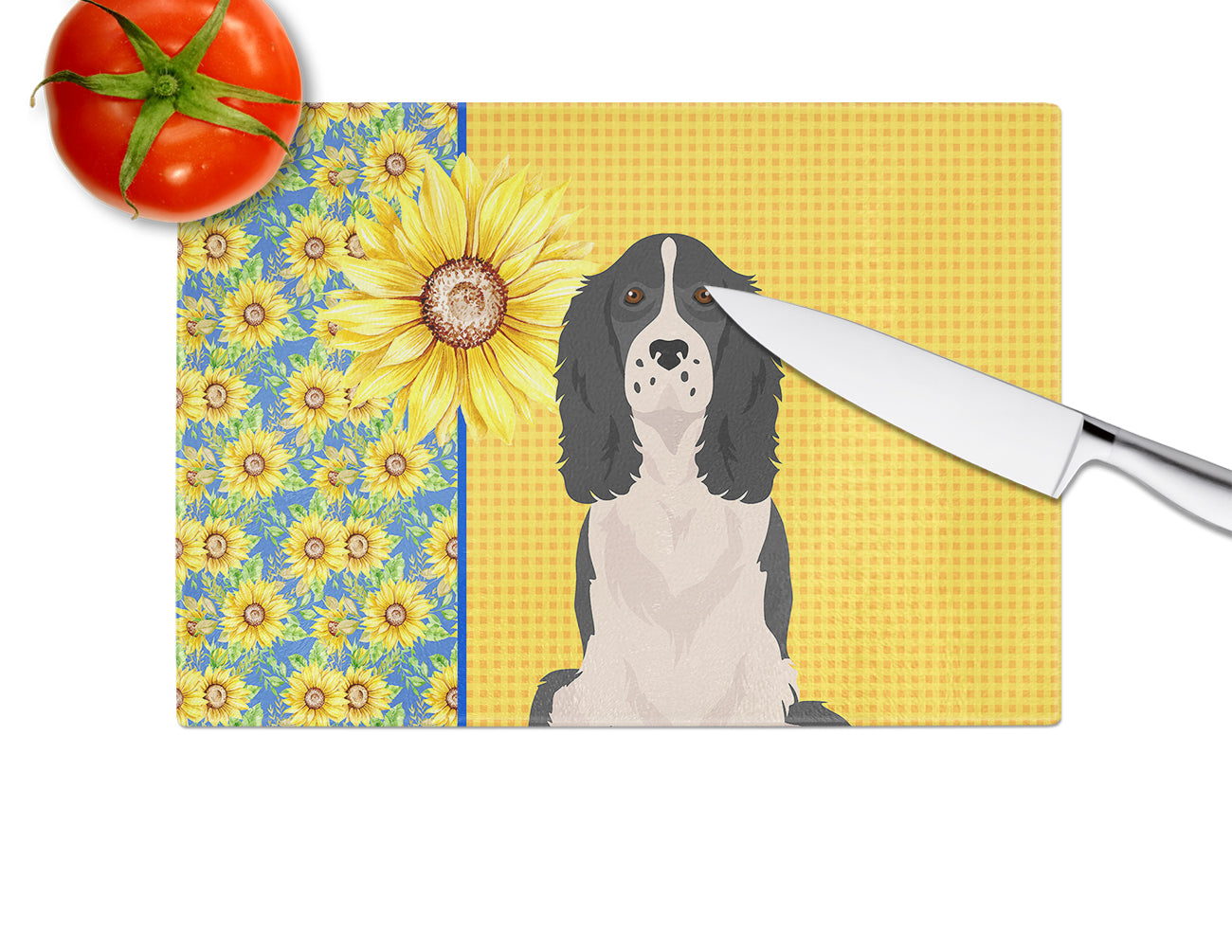 Summer Sunflowers Black English Springer Spaniel Cutting Board Tempered Glass Kitchen Cutting Surface, Heat Resistant Chopping, Non-Slip Feet, Food Prep & Serving