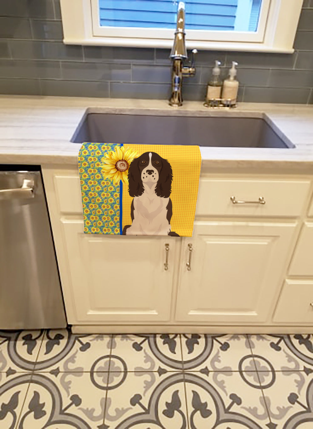 Summer Sunflowers Liver English Springer Spaniel Kitchen Towel Velour Plush Front and Cotton Loop Back Machine Washable