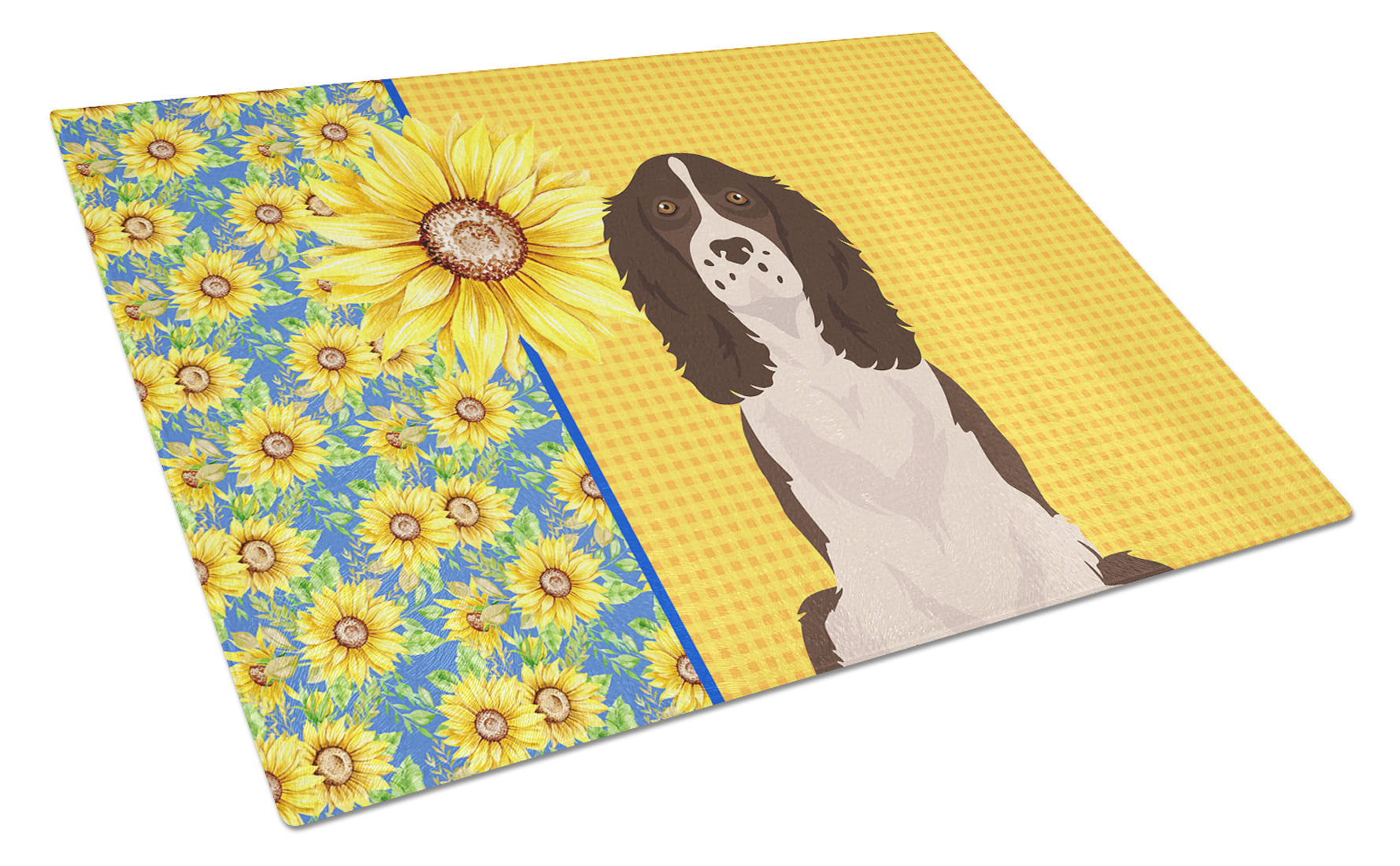 Summer Sunflowers Liver English Springer Spaniel Cutting Board Tempered Glass Kitchen Cutting Surface, Heat Resistant Chopping, Non-Slip Feet, Food Prep & Serving
