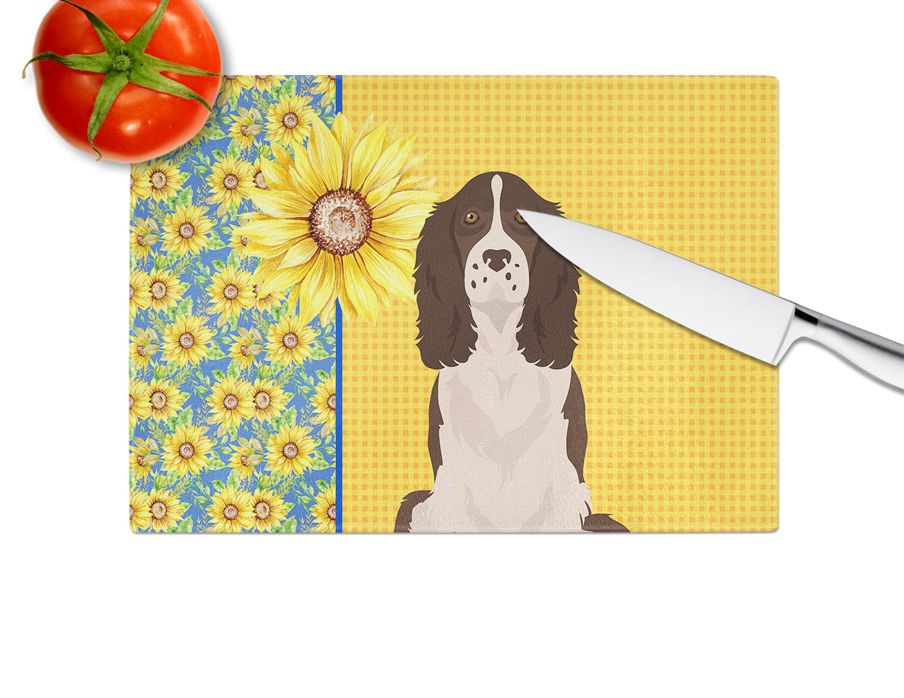 Summer Sunflowers Liver English Springer Spaniel Cutting Board Tempered Glass Kitchen Cutting Surface, Heat Resistant Chopping, Non-Slip Feet, Food Prep & Serving
