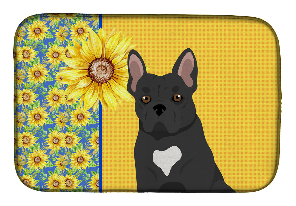 Summer Sunflowers Black French Bulldog Dish Drying Mat Absorbent Dish Drying Mat Pad for Kitchen Counter Dish Drainer Mat for Countertop, 14 x 21", Multicolor