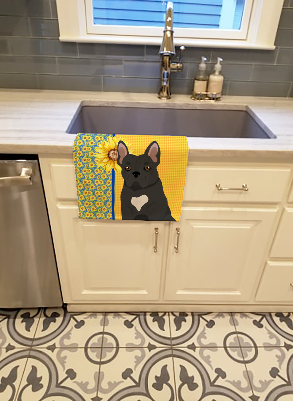 Summer Sunflowers Black French Bulldog Kitchen Towel Velour Plush Front and Cotton Loop Back Machine Washable