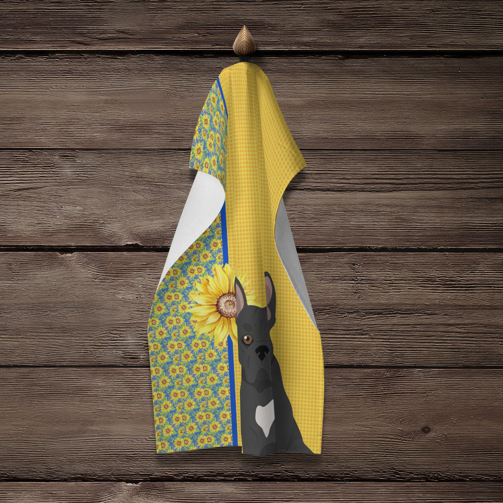 Summer Sunflowers Black French Bulldog Kitchen Towel Velour Plush Front and Cotton Loop Back Machine Washable