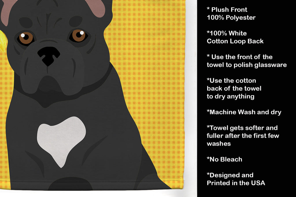 Summer Sunflowers Black French Bulldog Kitchen Towel Velour Plush Front and Cotton Loop Back Machine Washable
