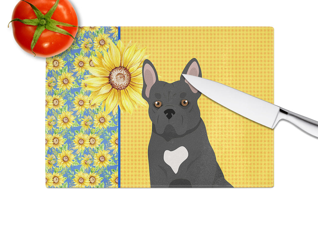 Summer Sunflowers Black French Bulldog Cutting Board Tempered Glass Kitchen Cutting Surface, Heat Resistant Chopping, Non-Slip Feet, Food Prep & Serving