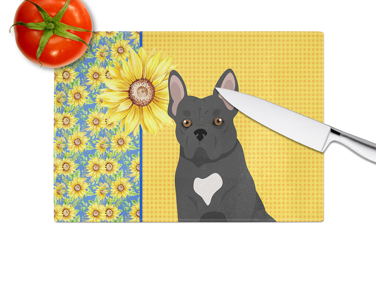 Summer Sunflowers Black French Bulldog Cutting Board Tempered Glass Kitchen Cutting Surface, Heat Resistant Chopping, Non-Slip Feet, Food Prep & Serving