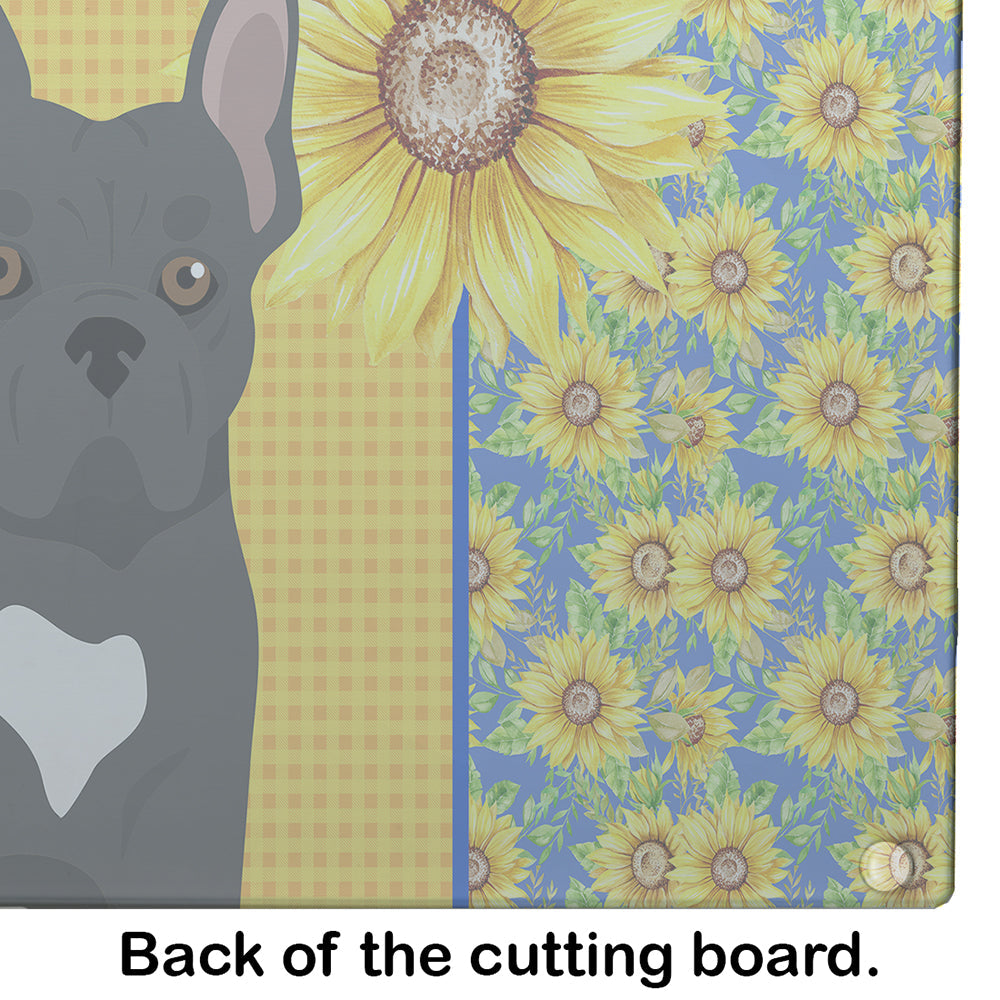 Summer Sunflowers Black French Bulldog Cutting Board Tempered Glass Kitchen Cutting Surface, Heat Resistant Chopping, Non-Slip Feet, Food Prep & Serving