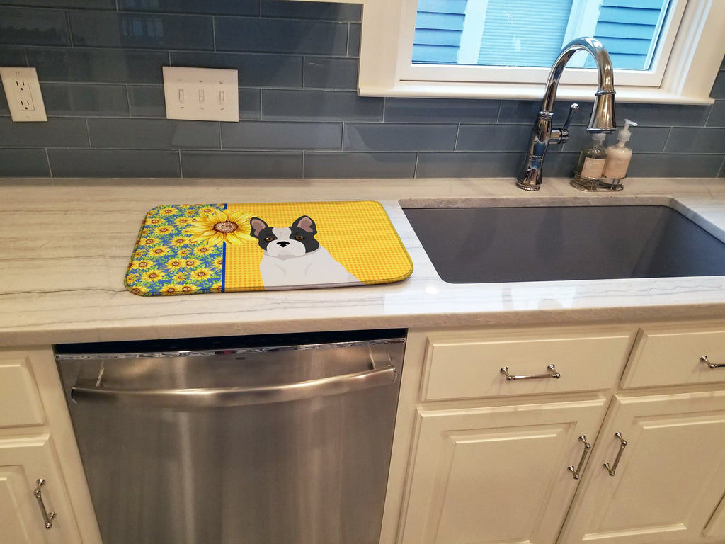 Summer Sunflowers Black and White French Bulldog Dish Drying Mat Absorbent Dish Drying Mat Pad for Kitchen Counter Dish Drainer Mat for Countertop, 14 x 21", Multicolor