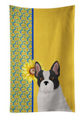 Summer Sunflowers Black and White French Bulldog Kitchen Towel Velour Plush Front and Cotton Loop Back Machine Washable