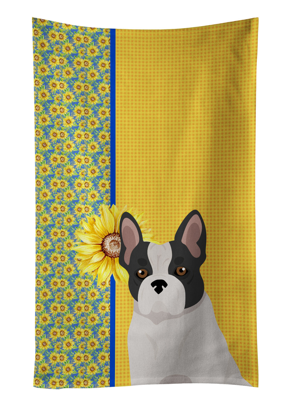 Summer Sunflowers Black and White French Bulldog Kitchen Towel Velour Plush Front and Cotton Loop Back Machine Washable