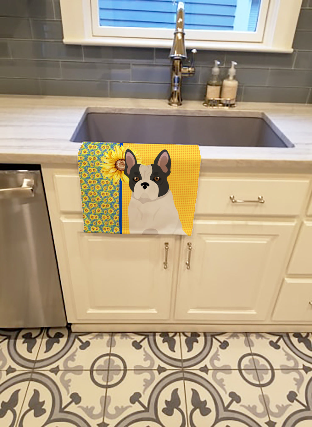 Summer Sunflowers Black and White French Bulldog Kitchen Towel Velour Plush Front and Cotton Loop Back Machine Washable