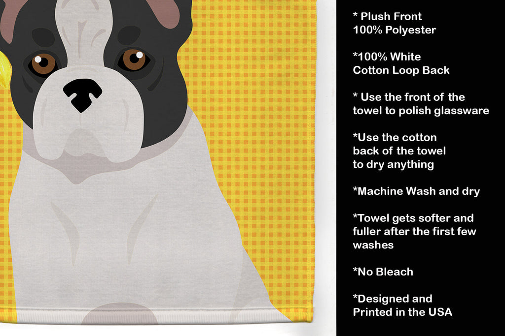 Summer Sunflowers Black and White French Bulldog Kitchen Towel Velour Plush Front and Cotton Loop Back Machine Washable