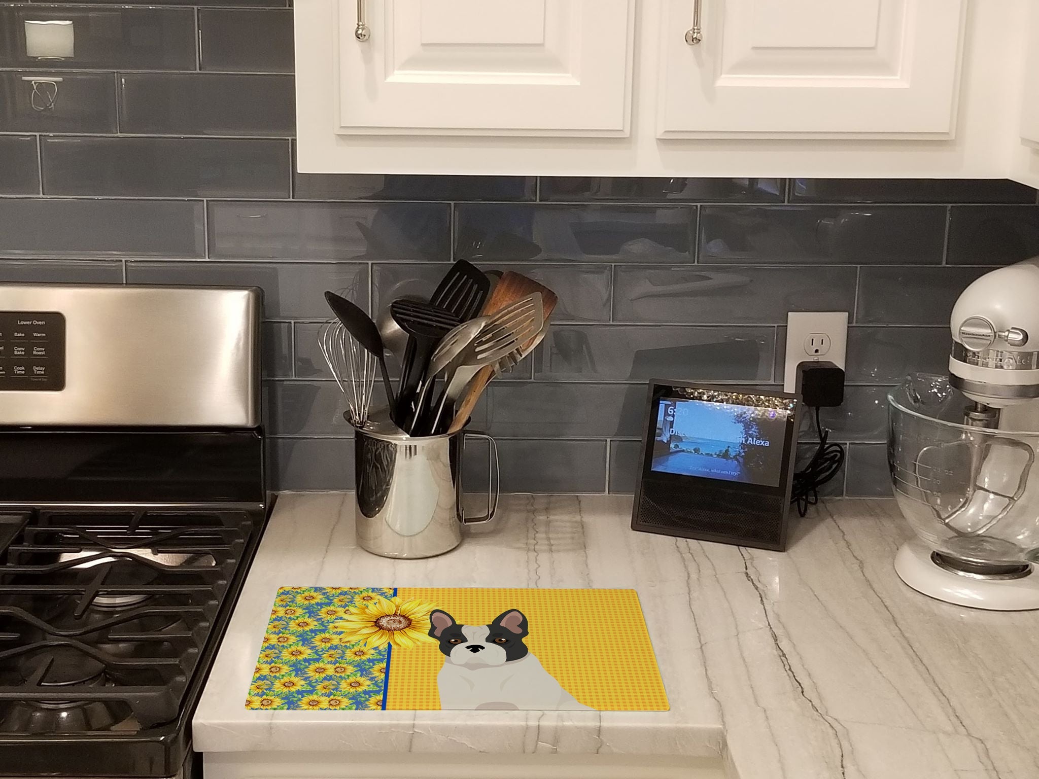 Summer Sunflowers Black and White French Bulldog Cutting Board Tempered Glass Kitchen Cutting Surface, Heat Resistant Chopping, Non-Slip Feet, Food Prep & Serving