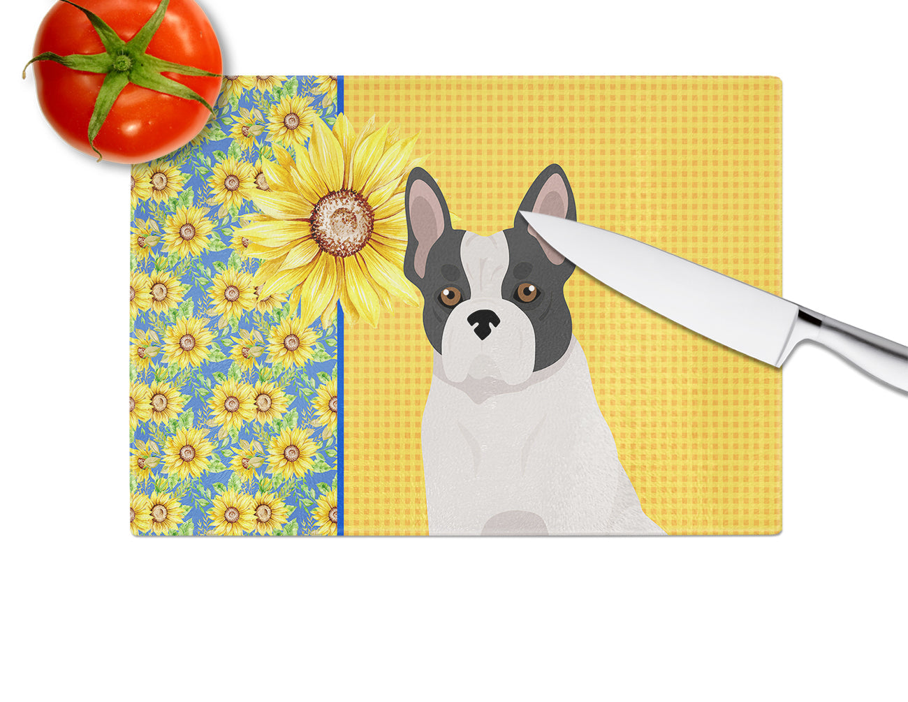 Summer Sunflowers Black and White French Bulldog Cutting Board Tempered Glass Kitchen Cutting Surface, Heat Resistant Chopping, Non-Slip Feet, Food Prep & Serving