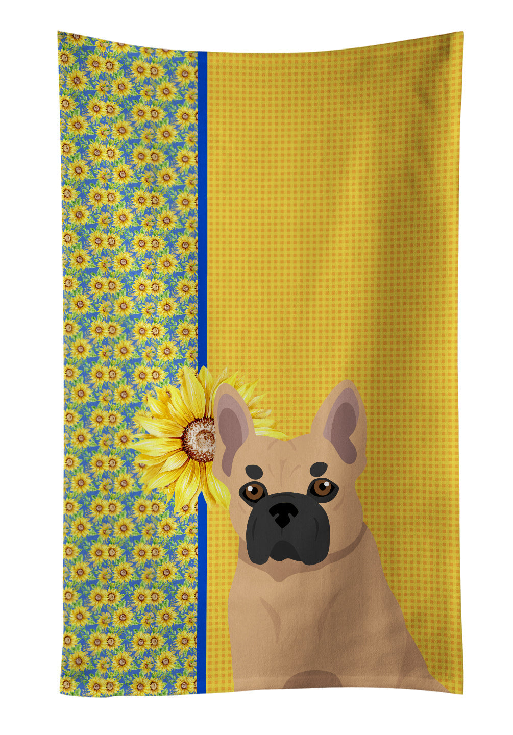 Summer Sunflowers Fawn French Bulldog Kitchen Towel Velour Plush Front and Cotton Loop Back Machine Washable