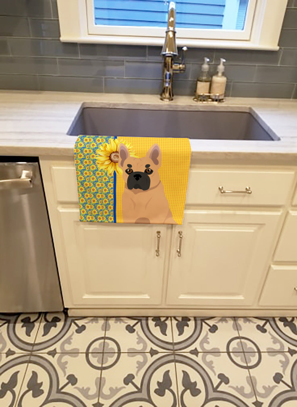 Summer Sunflowers Fawn French Bulldog Kitchen Towel Velour Plush Front and Cotton Loop Back Machine Washable