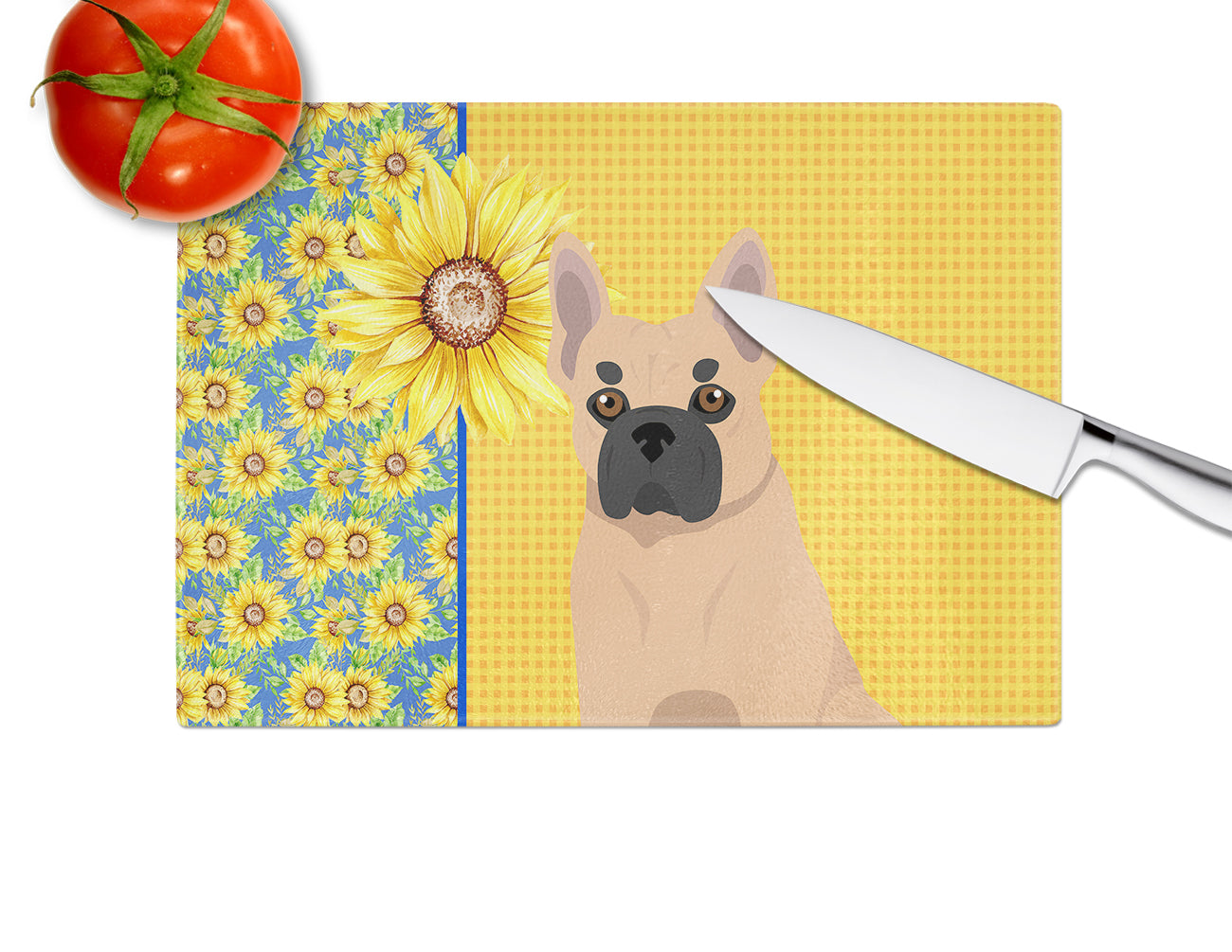 Summer Sunflowers Fawn French Bulldog Cutting Board Tempered Glass Kitchen Cutting Surface, Heat Resistant Chopping, Non-Slip Feet, Food Prep & Serving