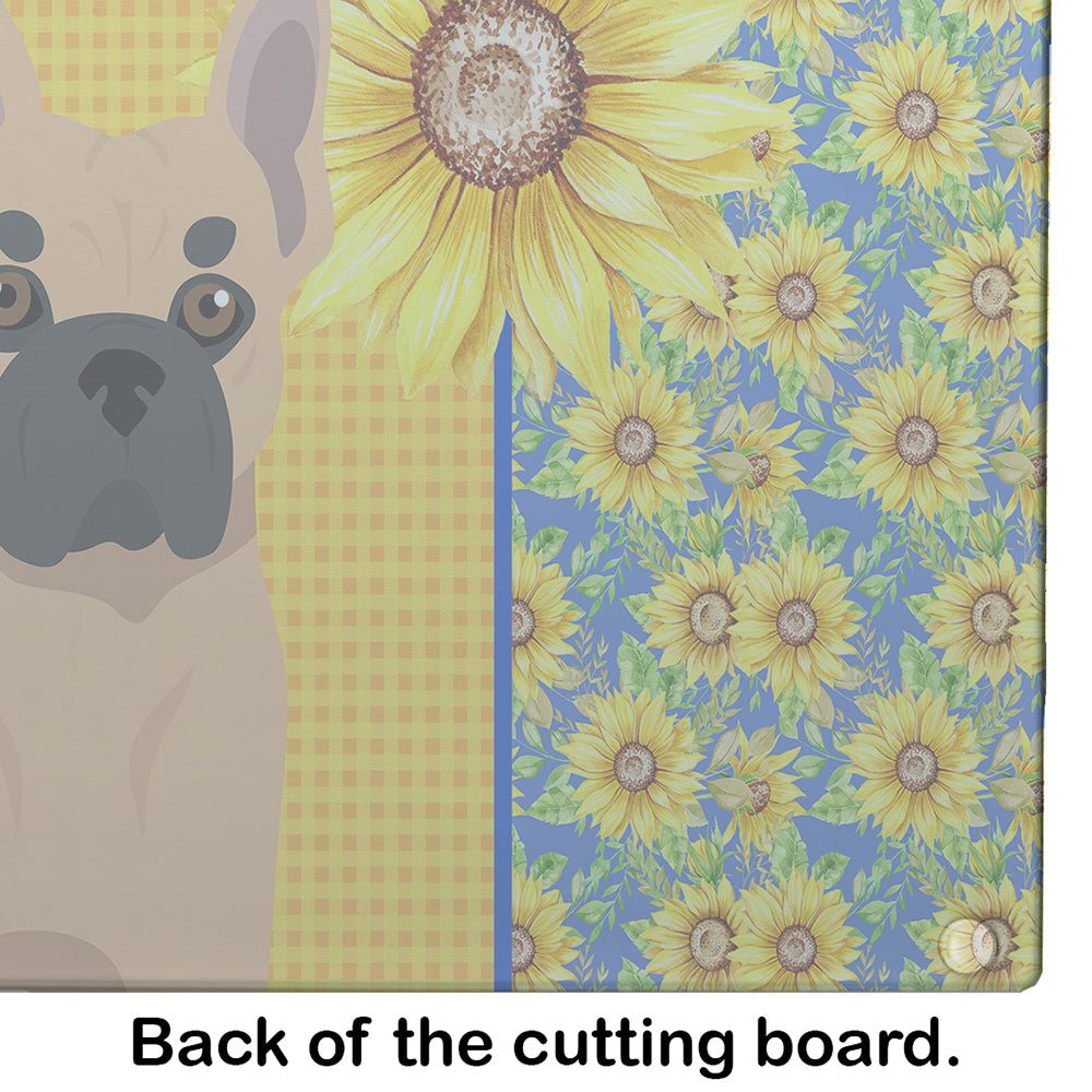 Summer Sunflowers Fawn French Bulldog Cutting Board Tempered Glass Kitchen Cutting Surface, Heat Resistant Chopping, Non-Slip Feet, Food Prep & Serving