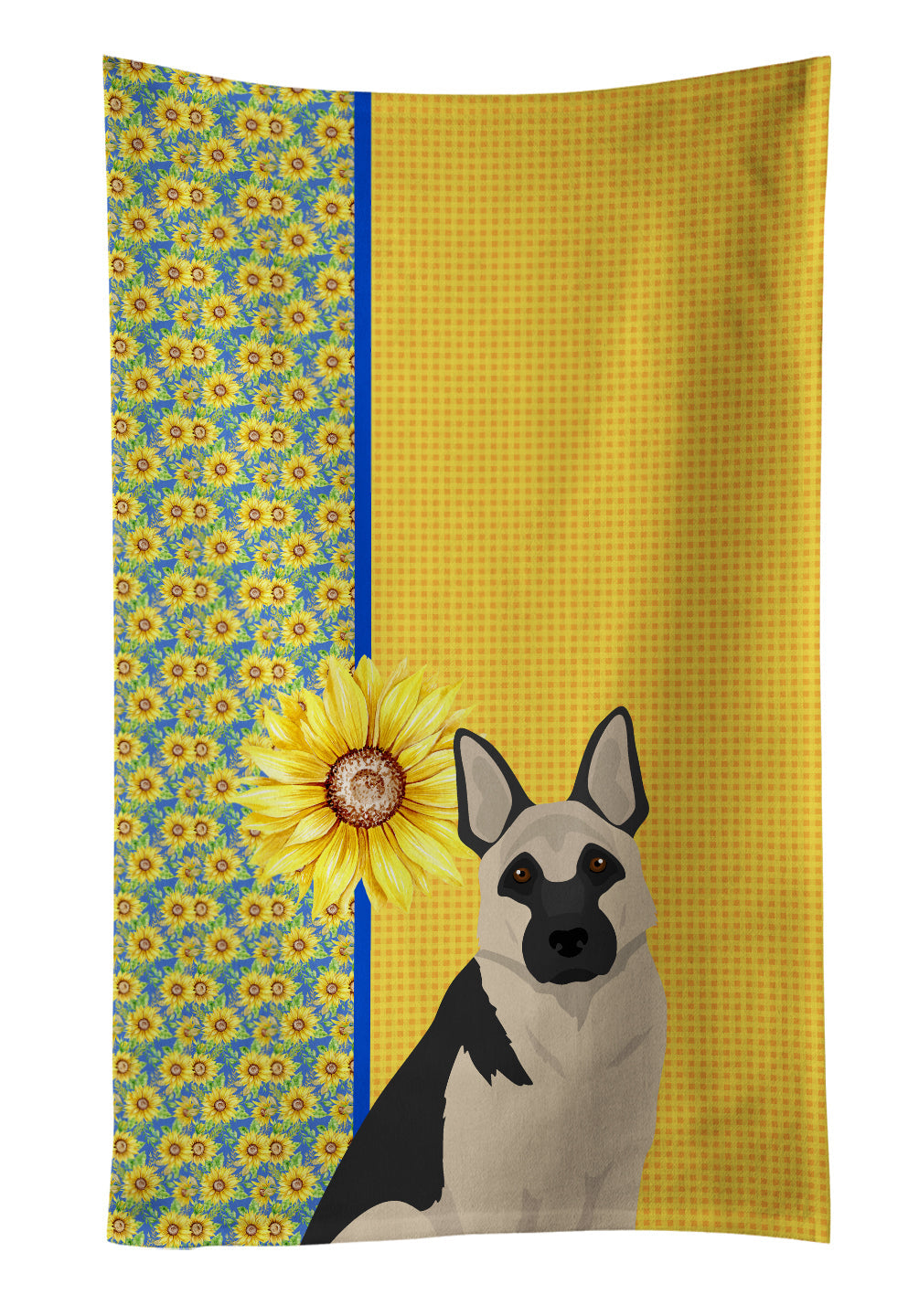 Summer Sunflowers Black and Silver German Shepherd Kitchen Towel Velour Plush Front and Cotton Loop Back Machine Washable