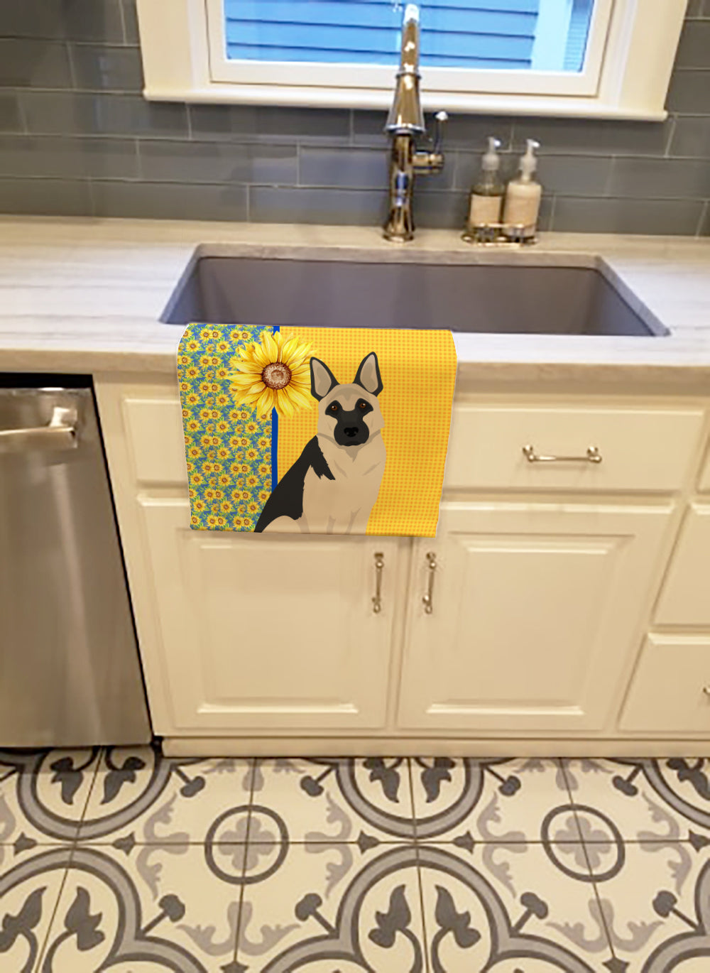Summer Sunflowers Black and Silver German Shepherd Kitchen Towel Velour Plush Front and Cotton Loop Back Machine Washable