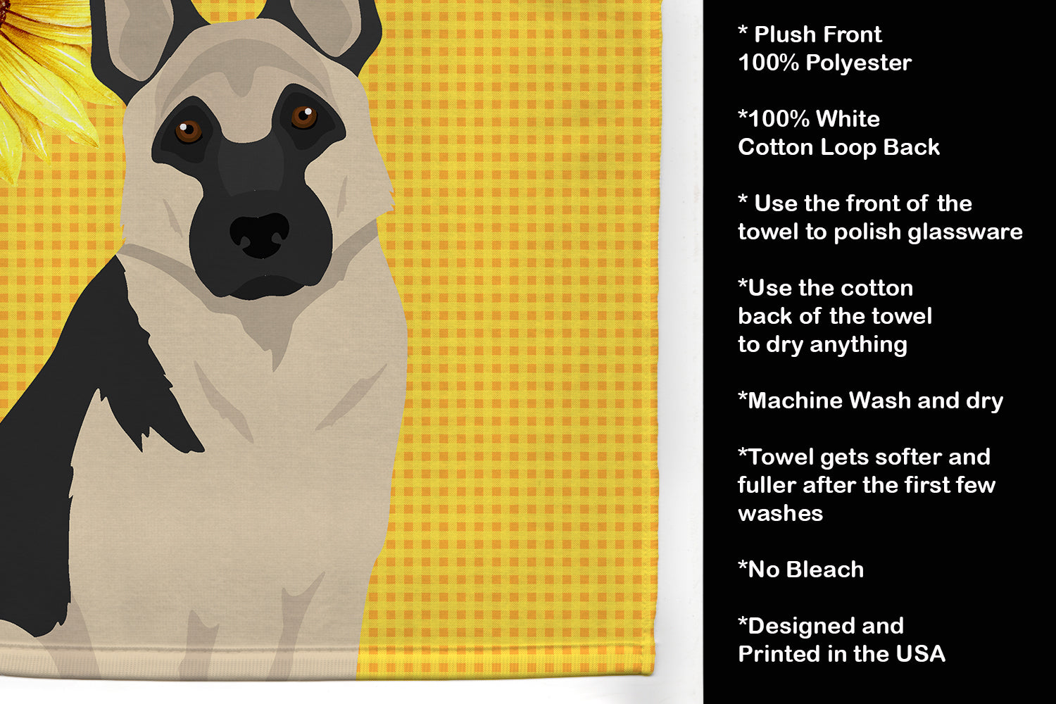 Summer Sunflowers Black and Silver German Shepherd Kitchen Towel Velour Plush Front and Cotton Loop Back Machine Washable