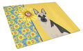 Summer Sunflowers Black and Silver German Shepherd Cutting Board Tempered Glass Kitchen Cutting Surface, Heat Resistant Chopping, Non-Slip Feet, Food Prep & Serving